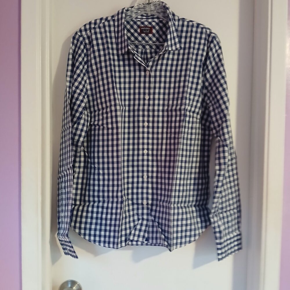 Untuckit Belleza Women's Button Up Long Sleeve Blue Gingham Shirt SZ 4
